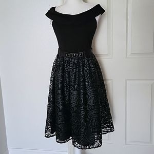 Teri Jon By Rickie Freeman Off Shoulder Midi Black Evening Dress Size 6